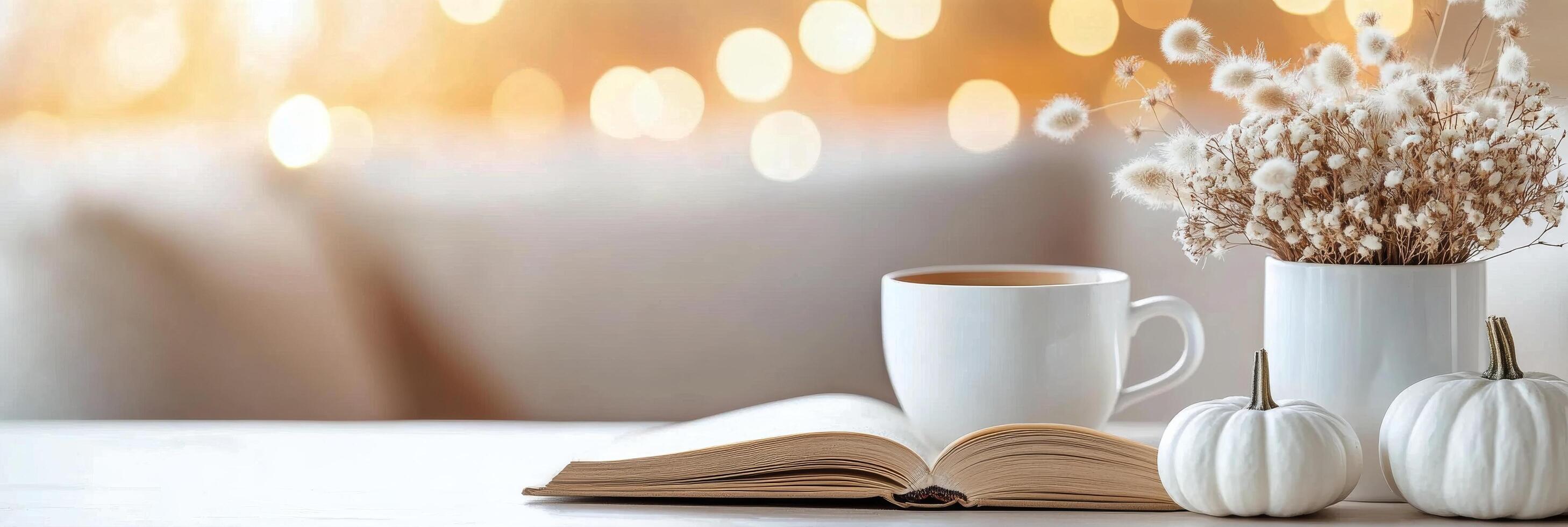 Cozy coffee and open book with flowers on a warm, inviting table in autumn photo