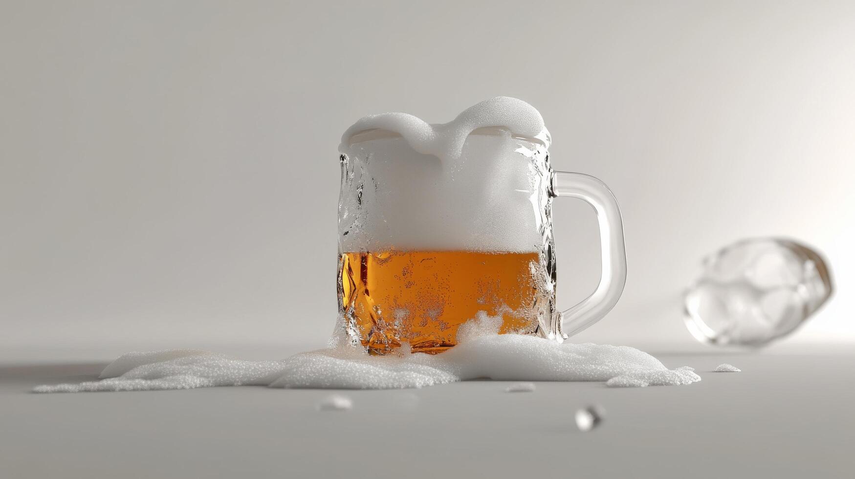 Refreshing beer overflowing from a glass mug with frothy bubbles on a neutral background photo
