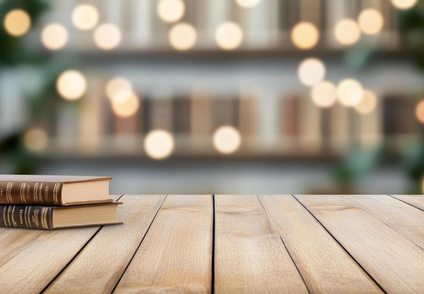 Books on a wooden table with blurred lights in the background creating a cozy atmosphere photo