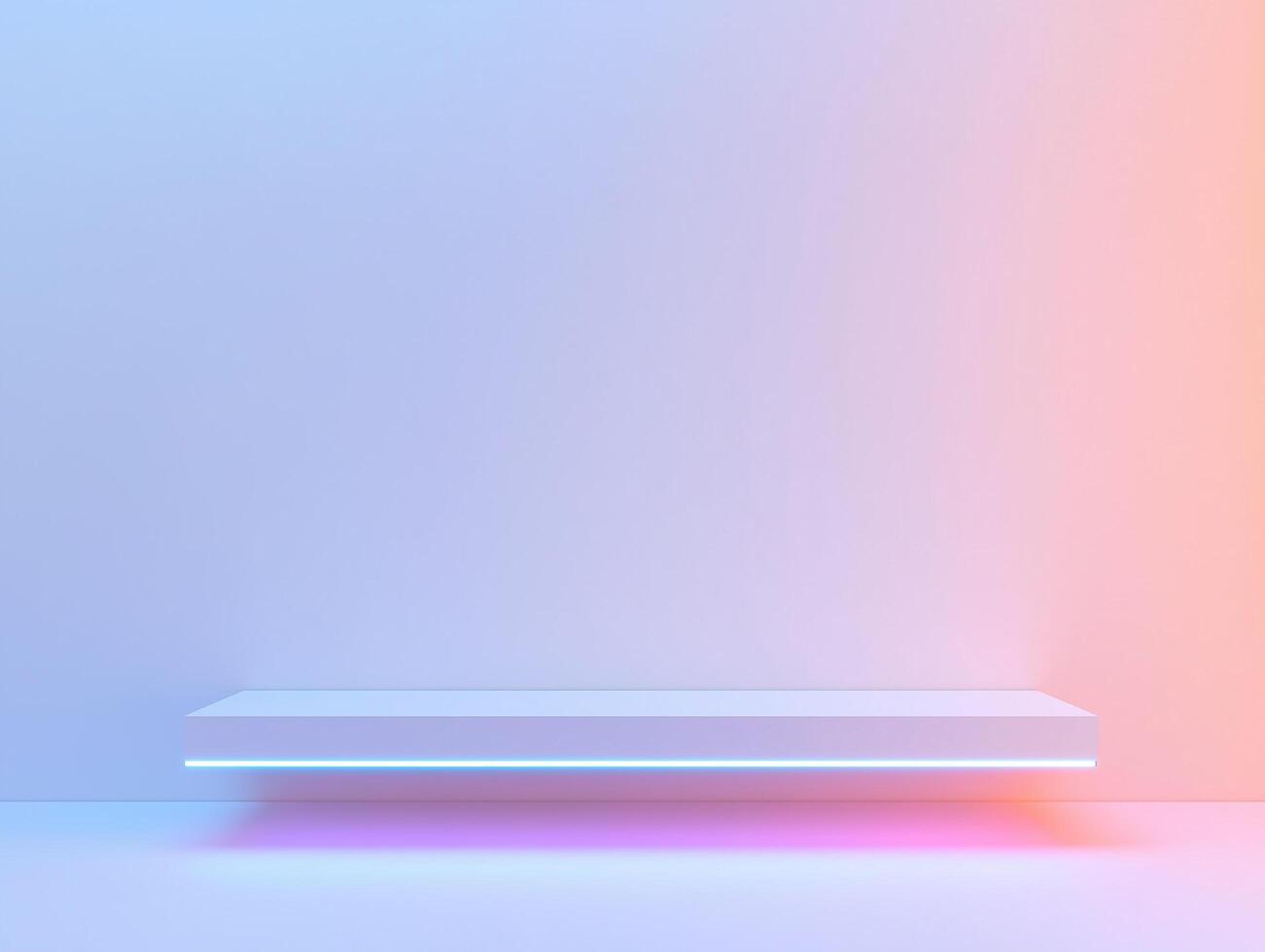 A white shelf with neon lights in front of a wall photo