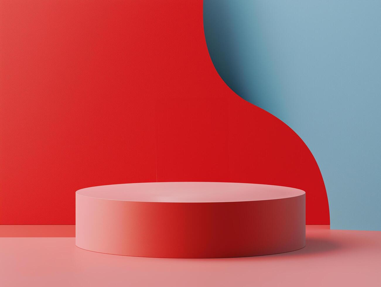 A red and blue background with a white pedestal photo
