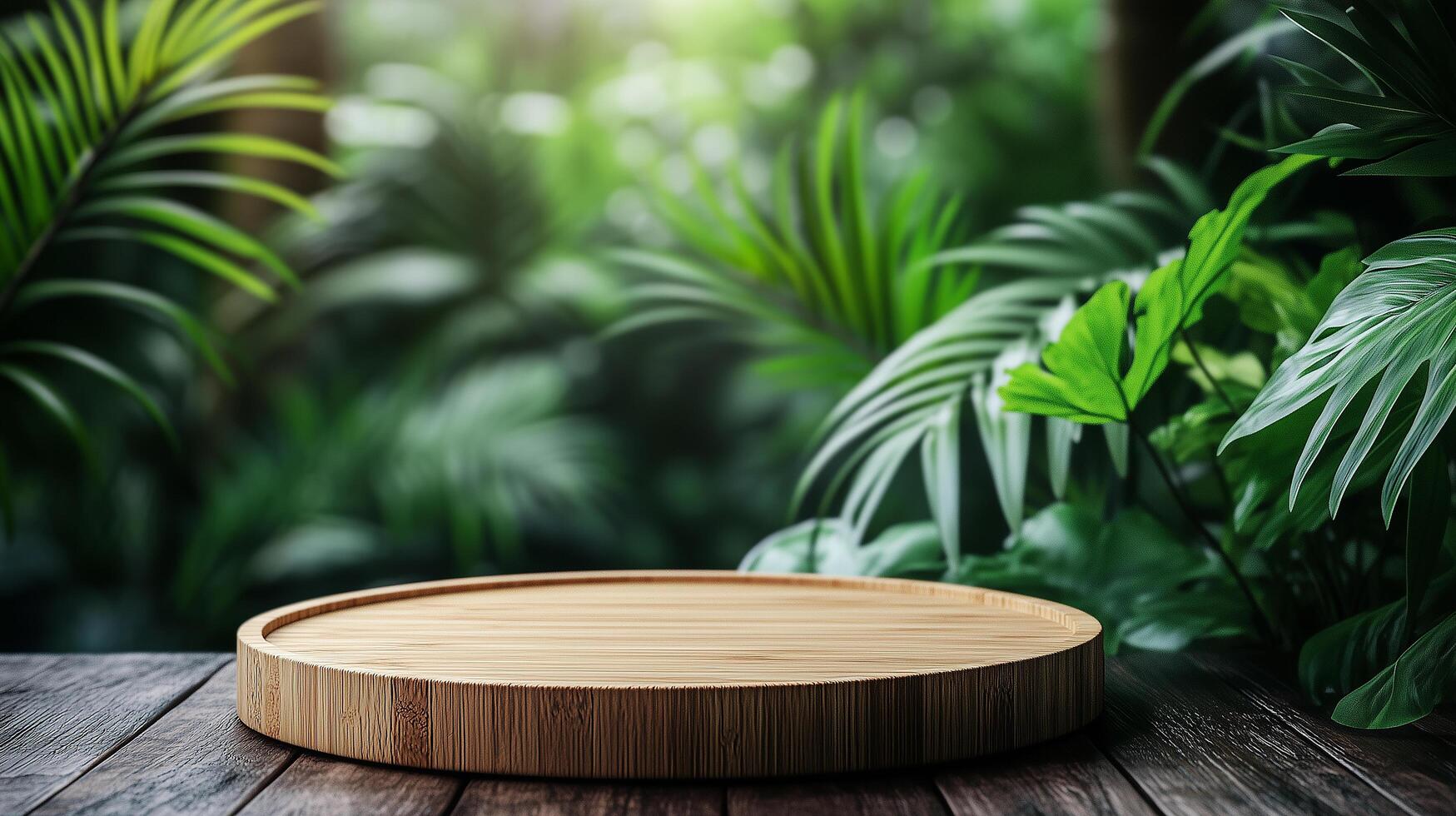 Round wooden table with bamboo on wooden table in the jungle photo