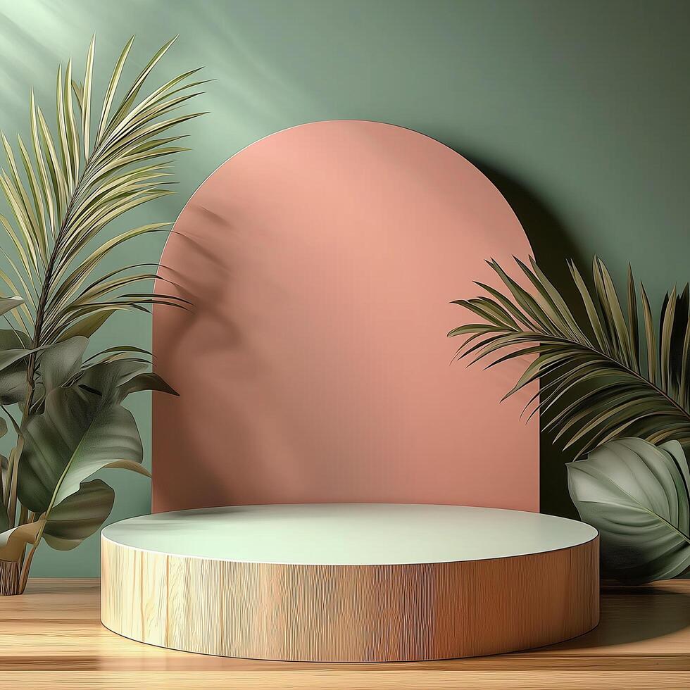A wooden table with a round window and a plant on it photo