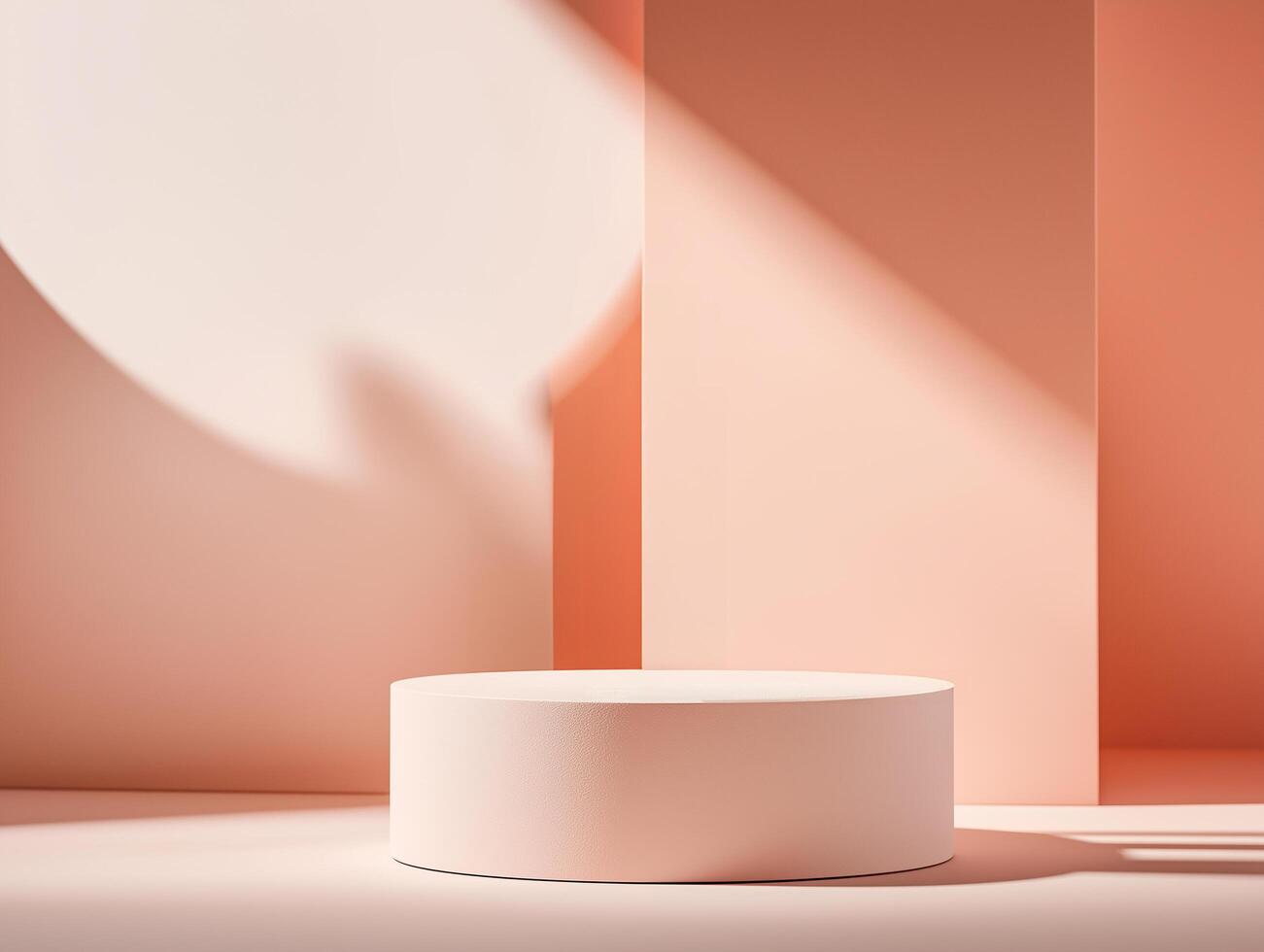 A white round pedestal in front of a pink wall photo