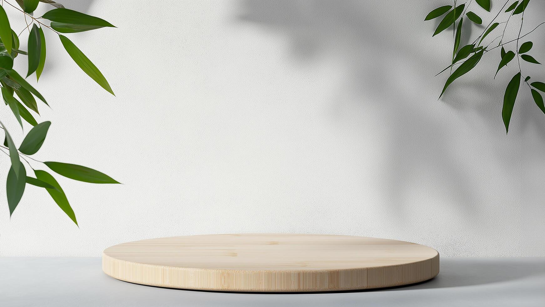 A wooden round table with a plant in the background photo
