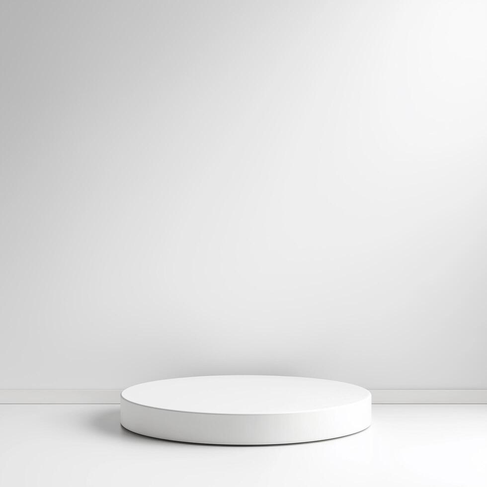 Empty white round pedestal in front of a wall photo