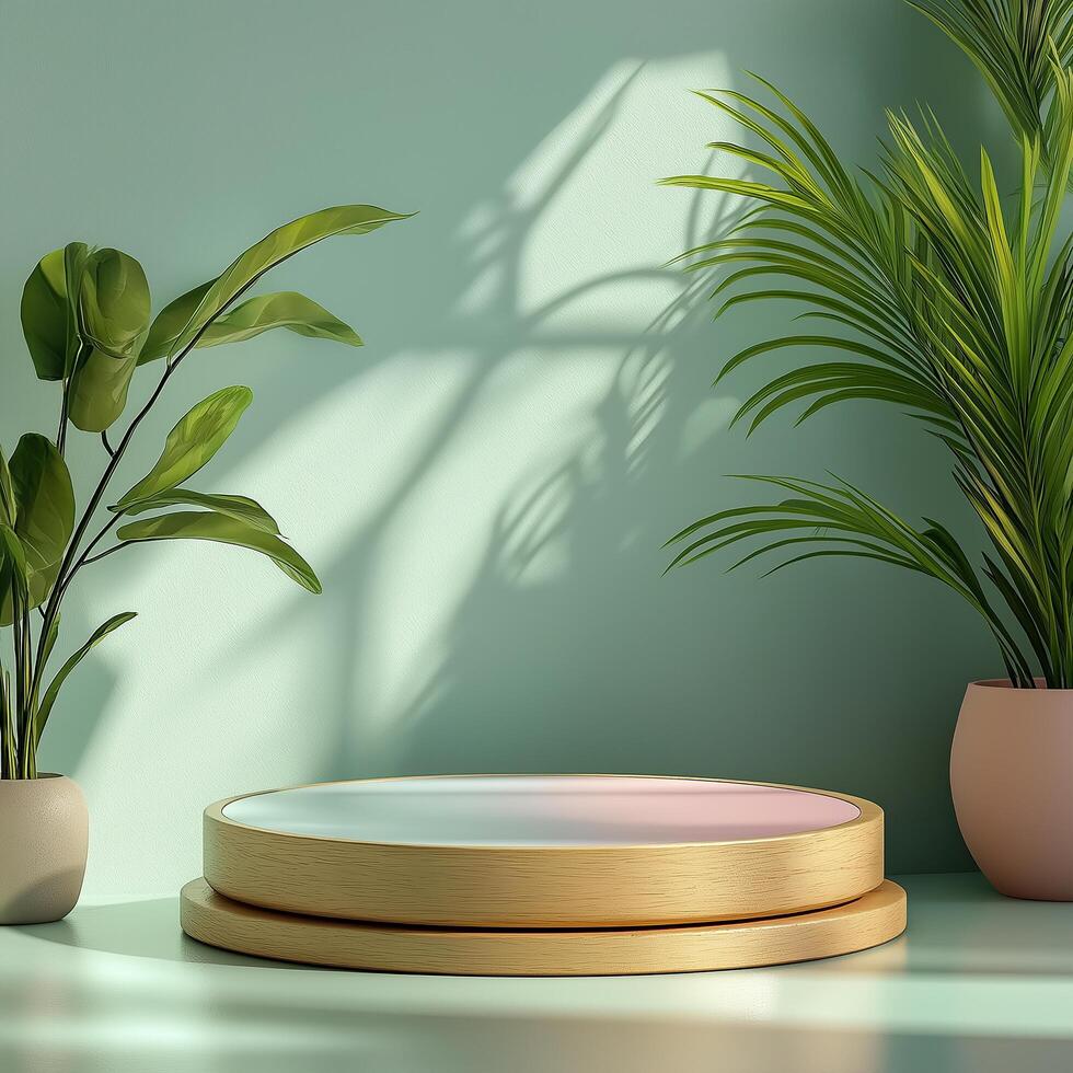 A round wooden table with a plant in front of it photo