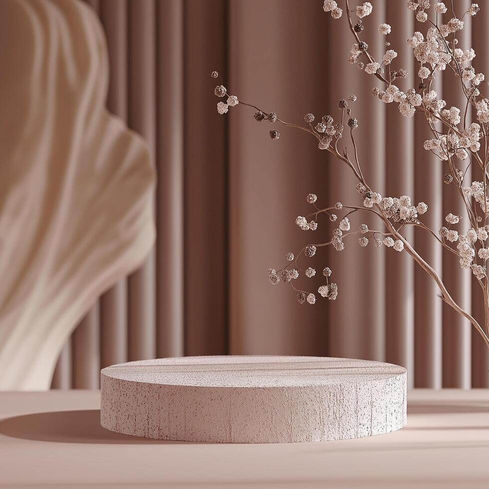 A white round table with a vase of flowers photo