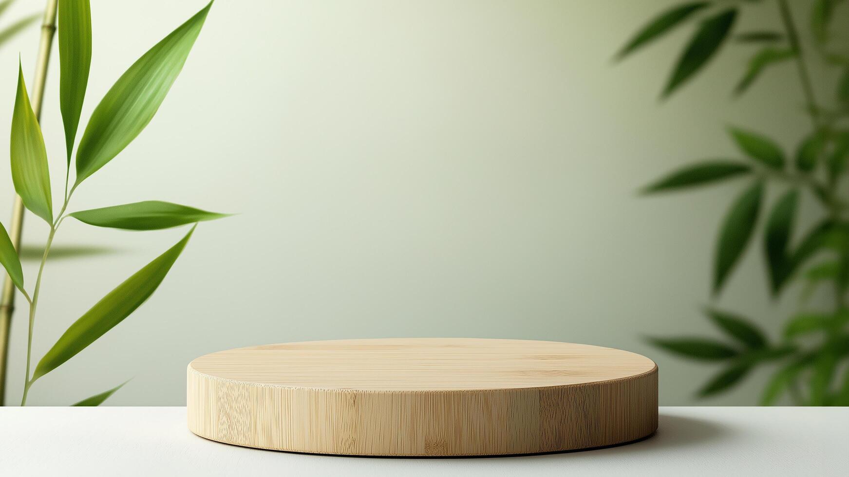 A wooden round table with bamboo plants in the background photo