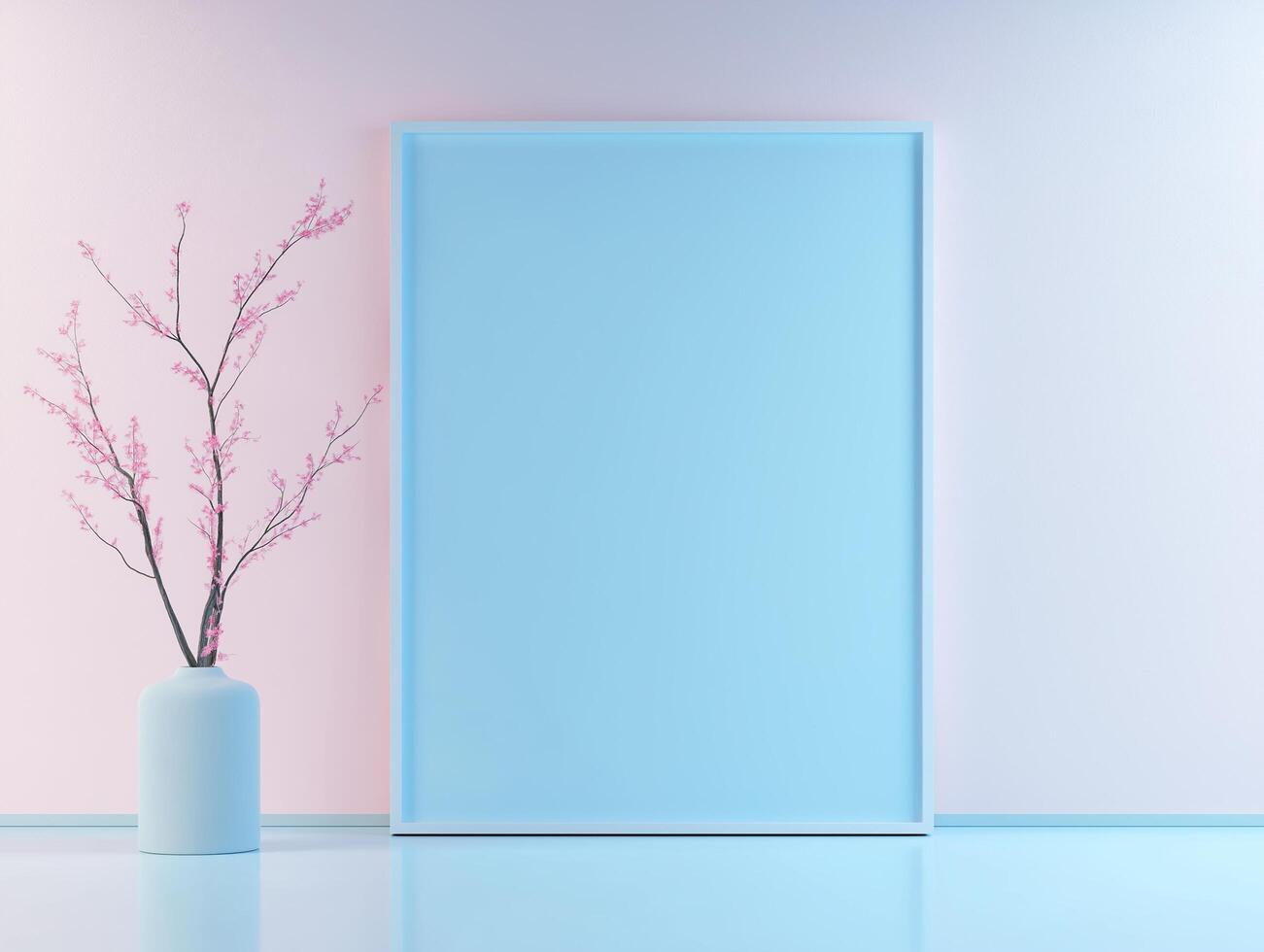 A blank white door and a pink wall with a tree photo