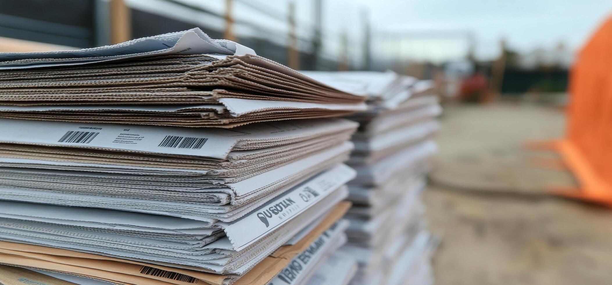 Stacked papers waiting for organization at a construction site in a cloudy atmosphere photo