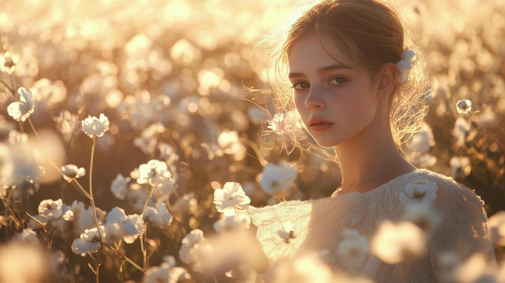 Young person surrounded by white flowers in a sunlit field during springtime photo