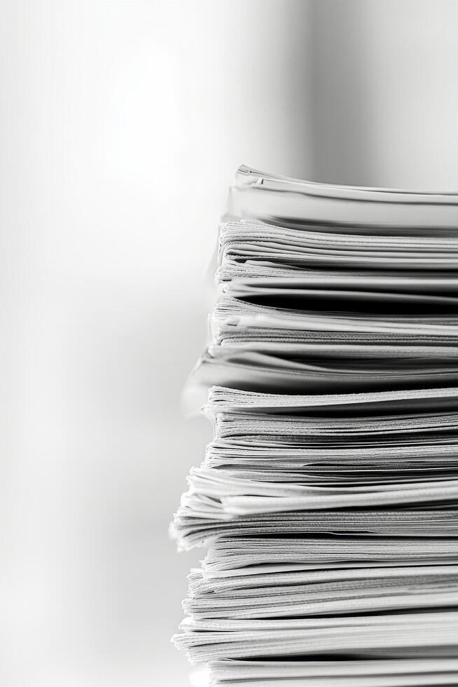 Close up view of stacked white paper sheets in an office workspace during daylight hours photo
