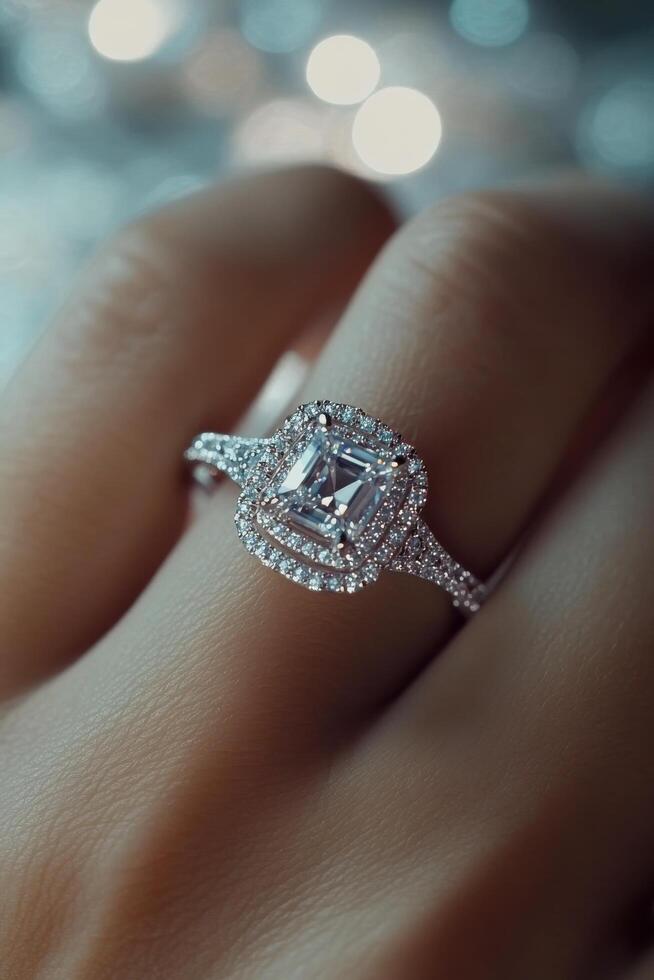 Elegant diamond ring adorning a hand with soft background bokeh effect photo