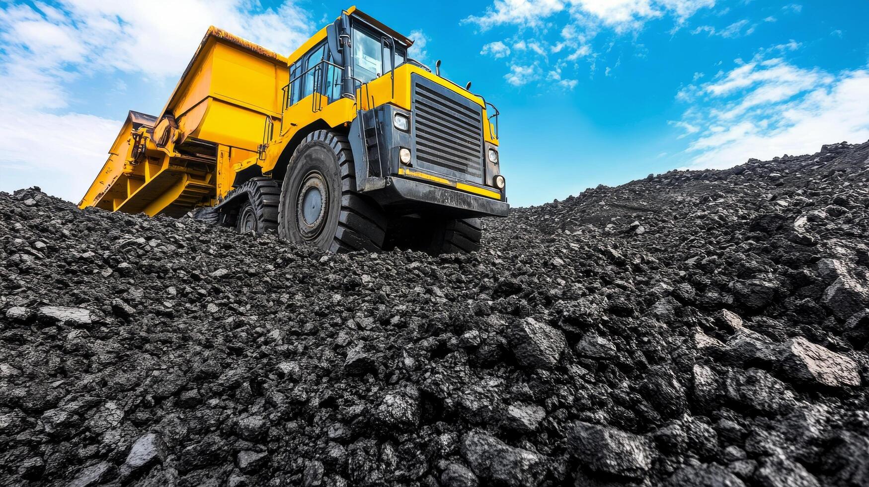 Heavy machinery transports coal at a mining site under a clear blue sky photo