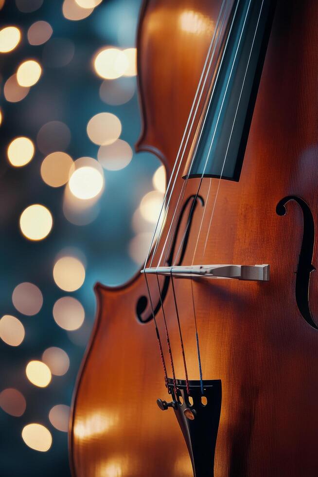 Beautiful wooden violin with soft bokeh lights in the background during a festive evening photo