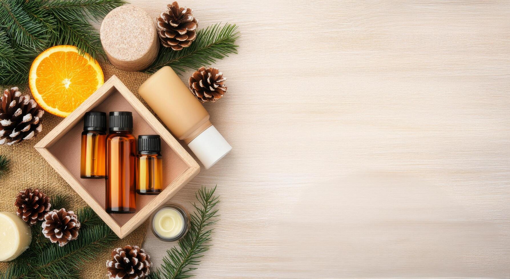 Aromatherapy setup with essential oils, natural ingredients and seasonal decorations on a table photo