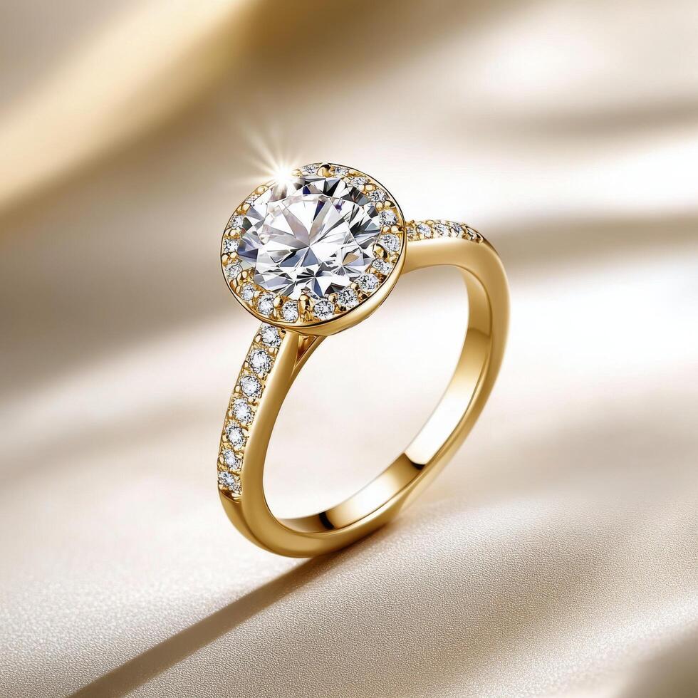 Elegant gold ring with a large diamond and sparkling accents displayed on soft fabric photo