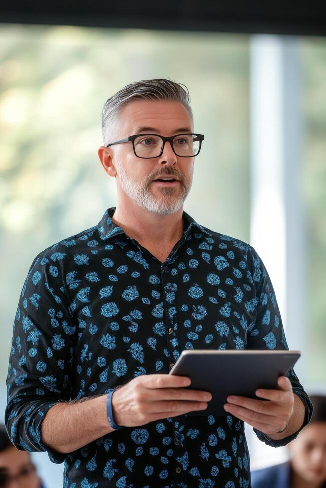 Professional presenting information during a business meeting at a modern office photo