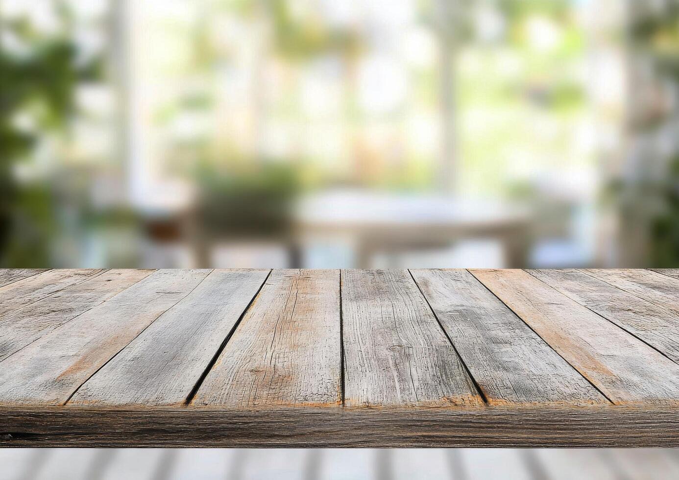 Wooden table with rustic texture in a bright and airy indoor setting photo