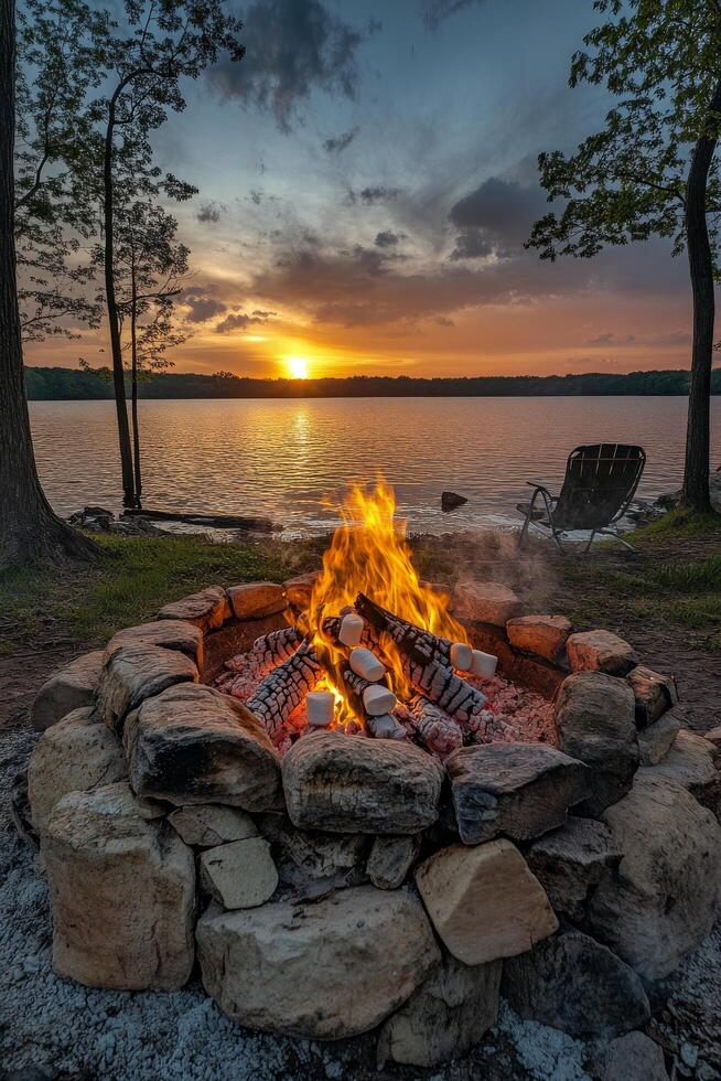 Campfire glowing warmly in the woods during a cool evening with roasted marshmallows photo