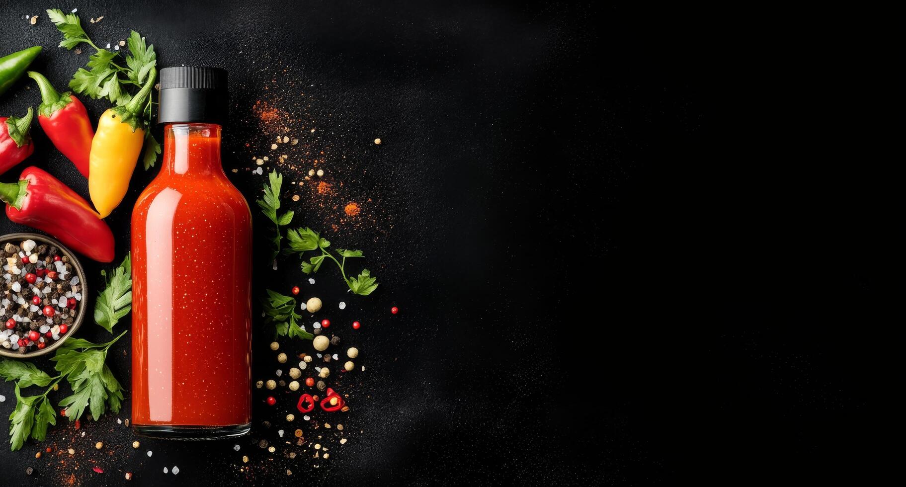 Colorful assortment of fresh ingredients and hot sauce on a dark surface in a kitchen setting photo