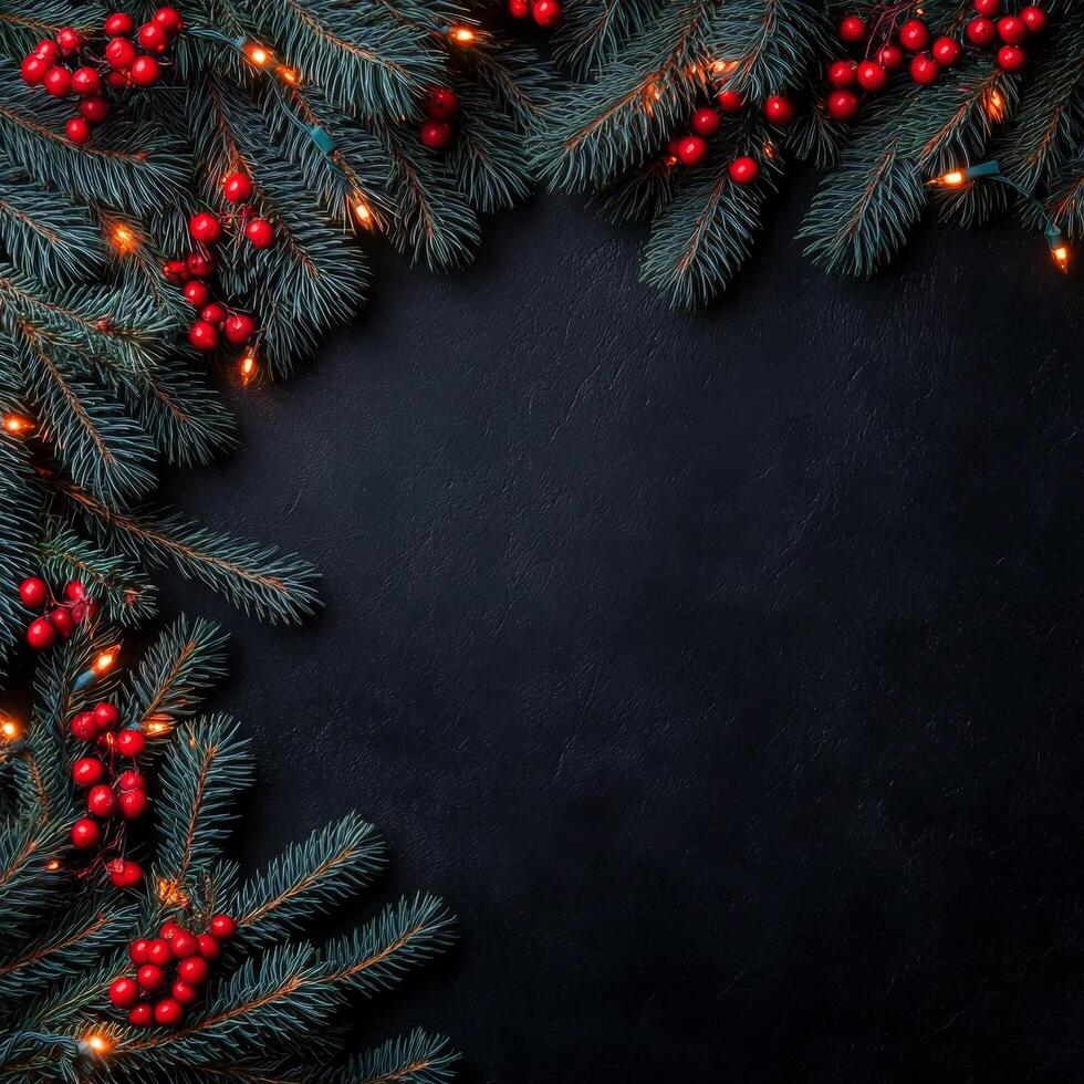 Decorative holiday greenery with twinkling lights and red berries on a dark background photo