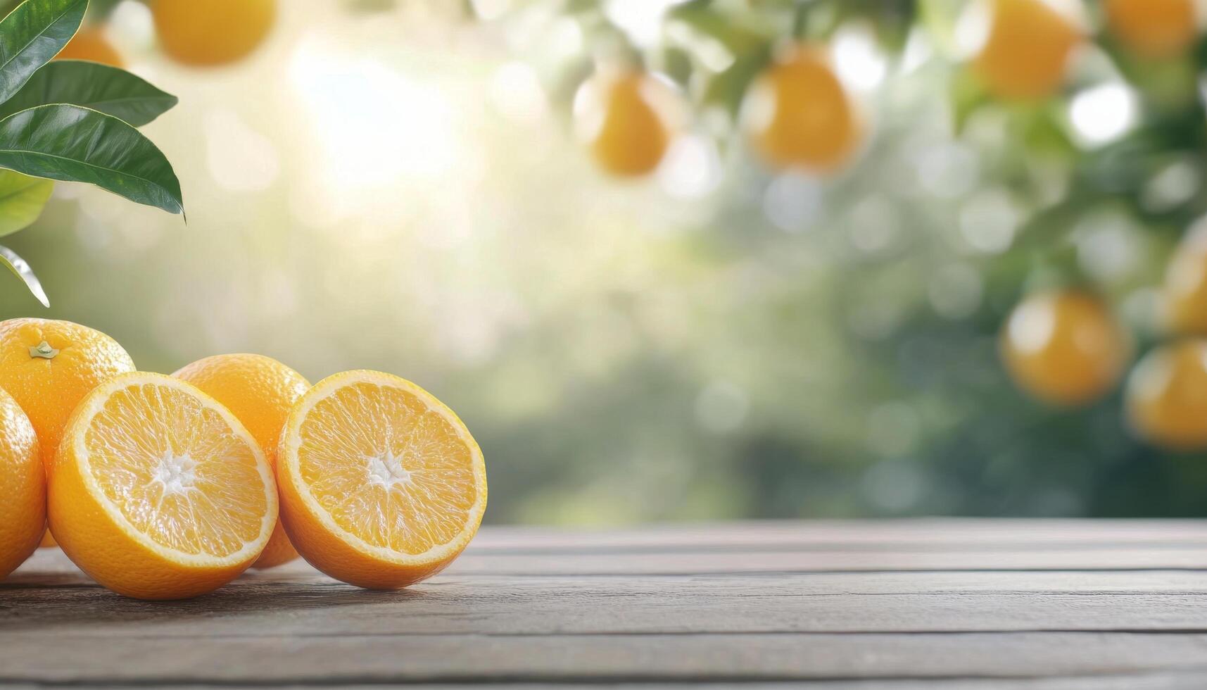 Freshly cut oranges on a wooden table with a sunny orchard background photo