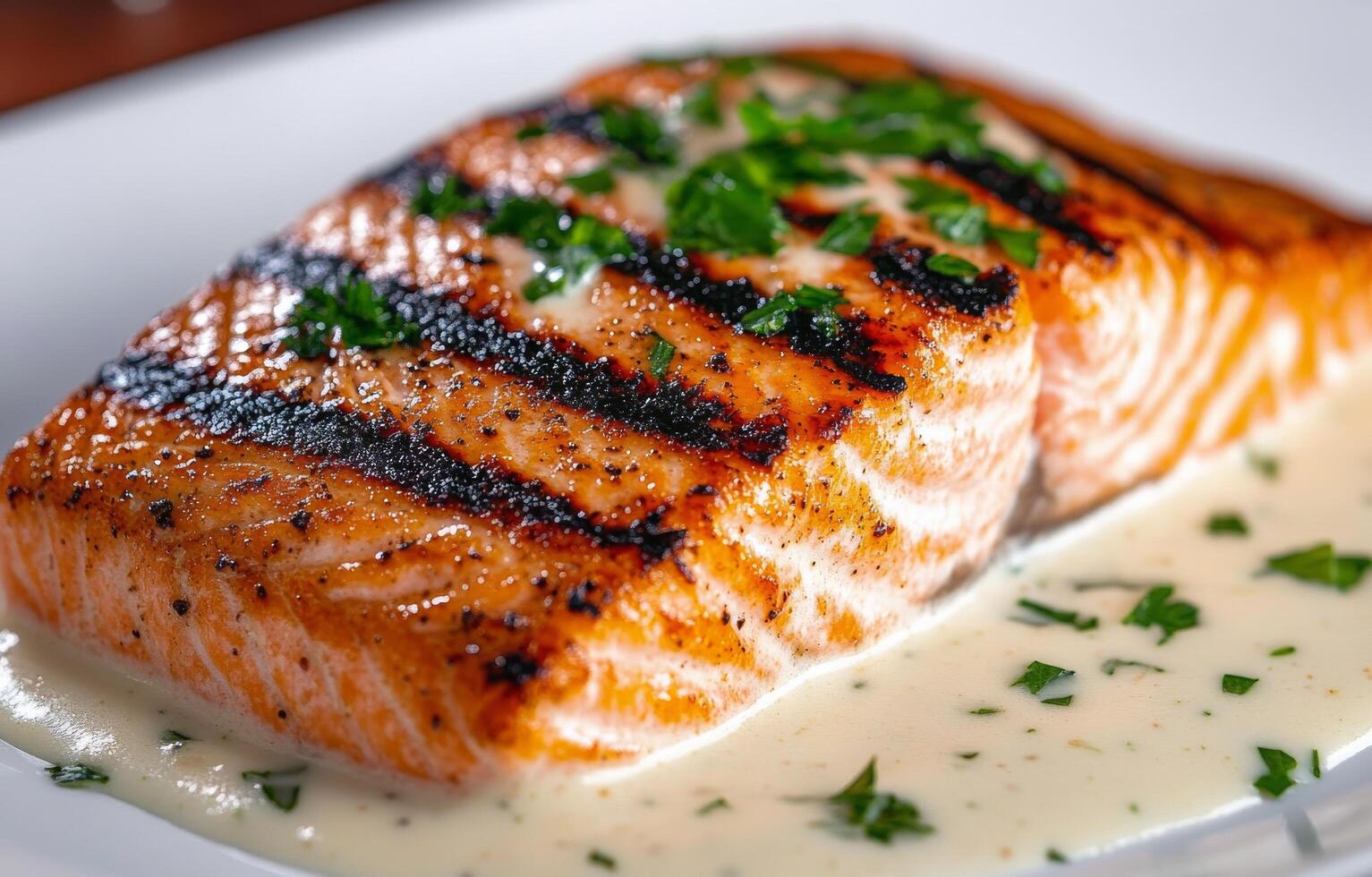 Grilled salmon filet served with creamy sauce and fresh herbs on a white plate photo