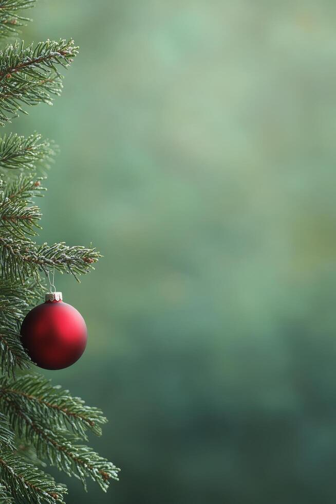 Close view of red ornament hanging on pine tree branch during festive season photo