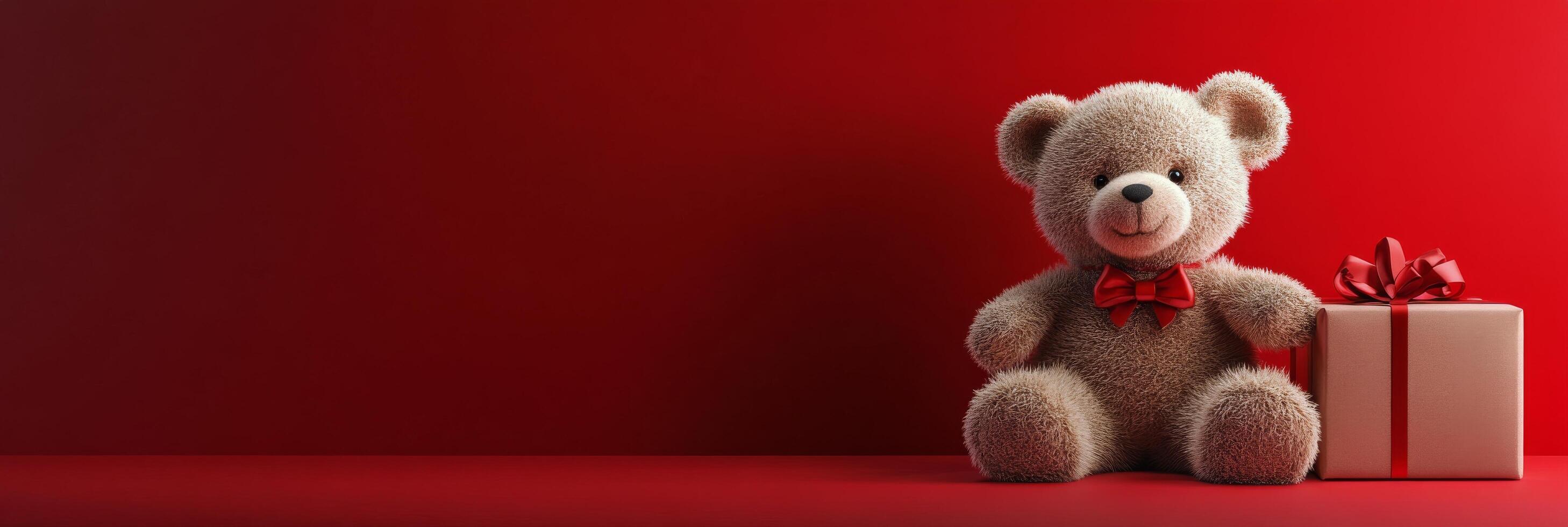 Soft bear beside a red gift box with a bow on a bright red background for festive occasions photo