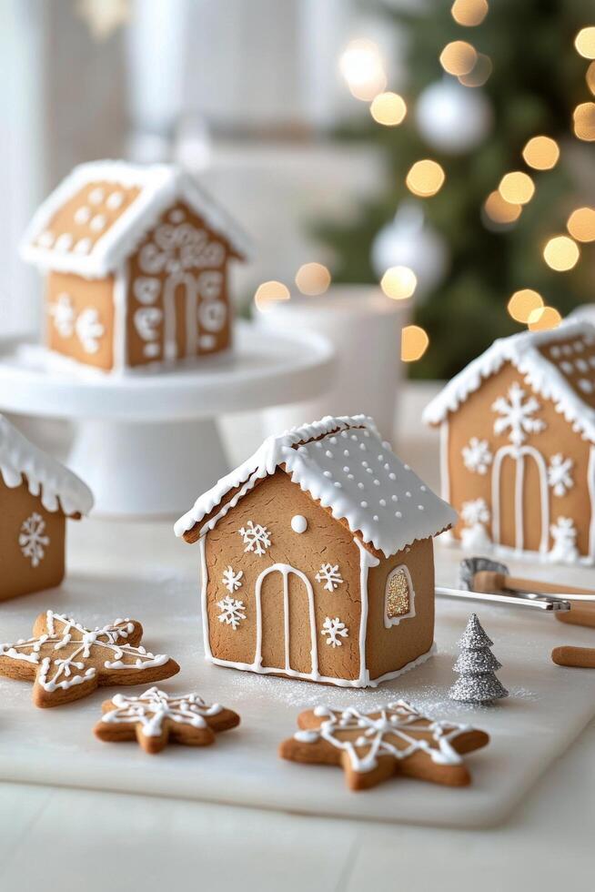 Gingerbread house decorations and star cookies displayed in a cozy holiday setting photo