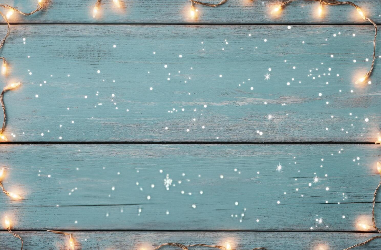 Festive string lights arranged on rustic wooden background for holiday decoration photo