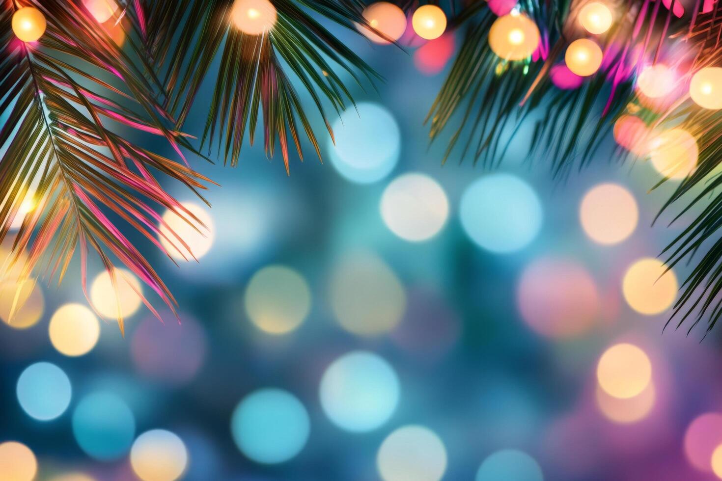 Colorful lights glow on palm leaves, creating a festive bokeh backdrop photo