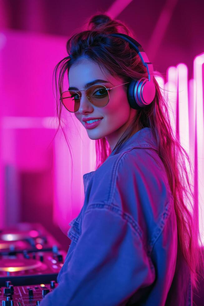 Young woman enjoys mixing music at a vibrant nightclub with neon lights during a lively event photo