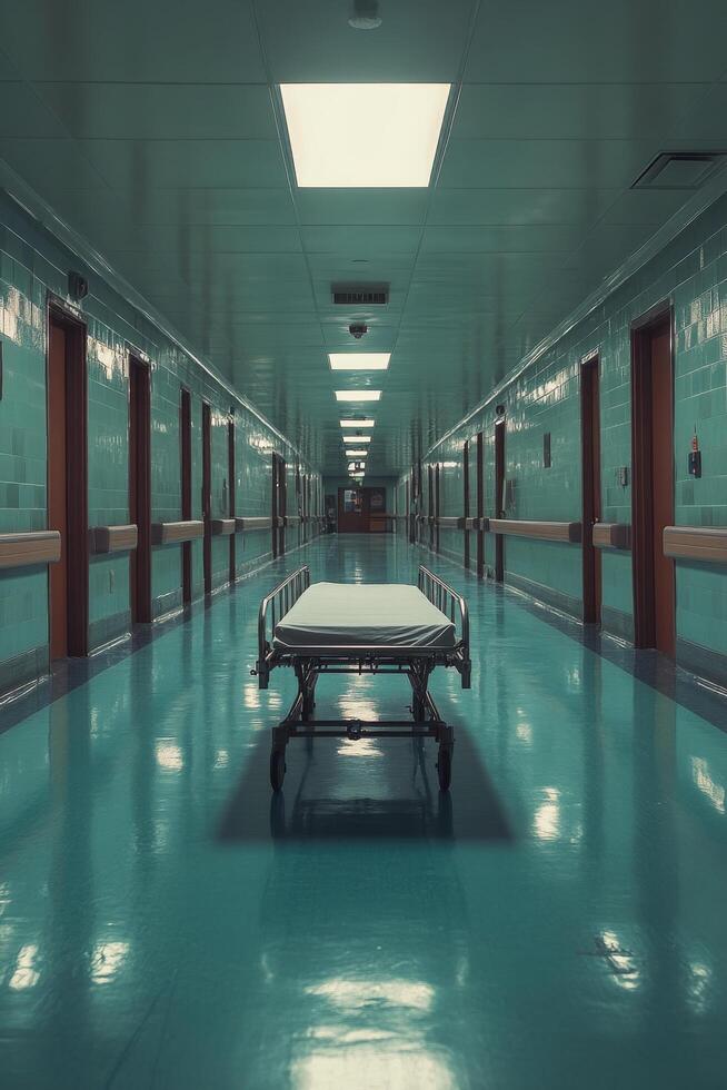 An empty hospital corridor with a gurney during a calm afternoon photo
