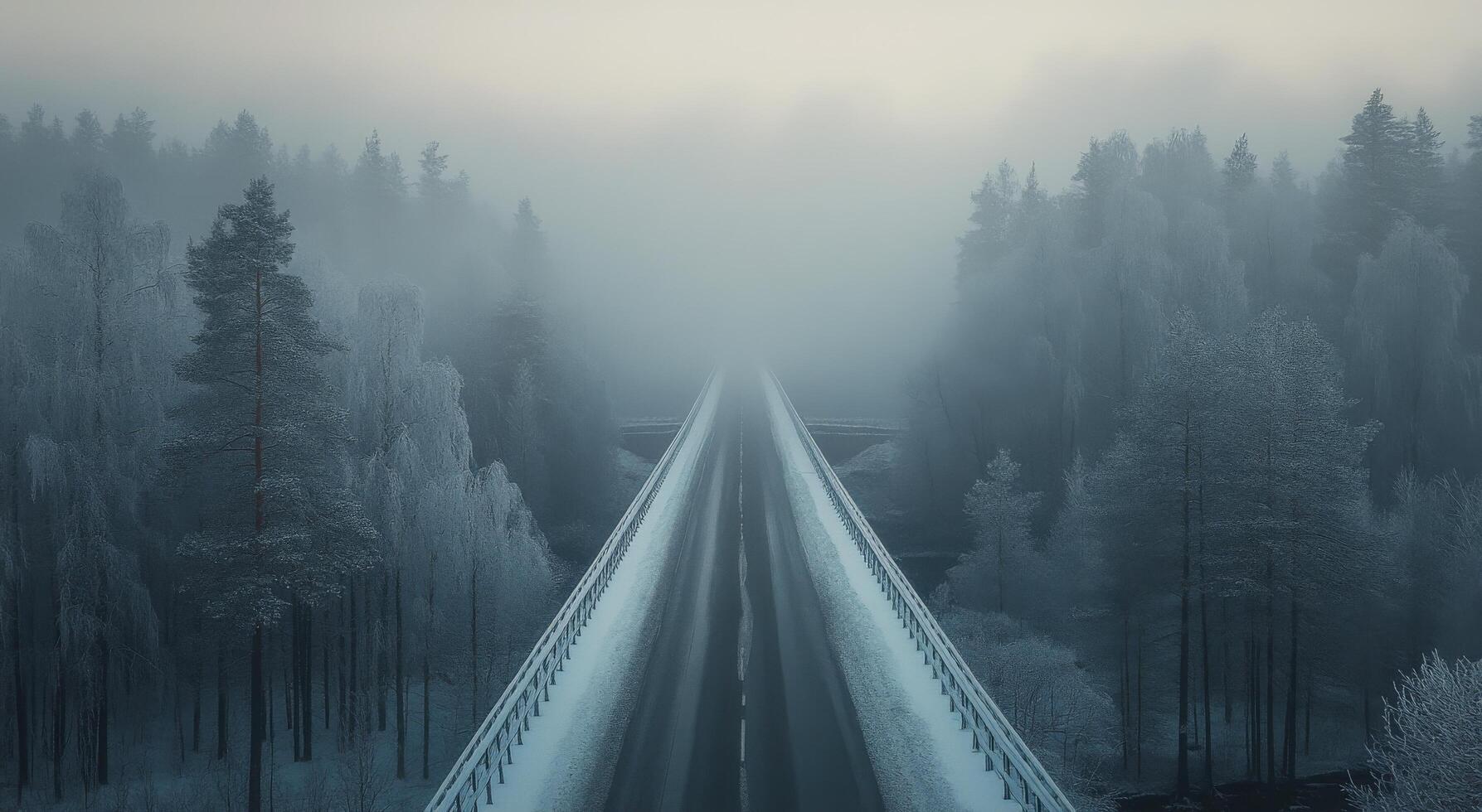 A snowy bridge crossing over a foggy valley surrounded by pine trees in winter photo