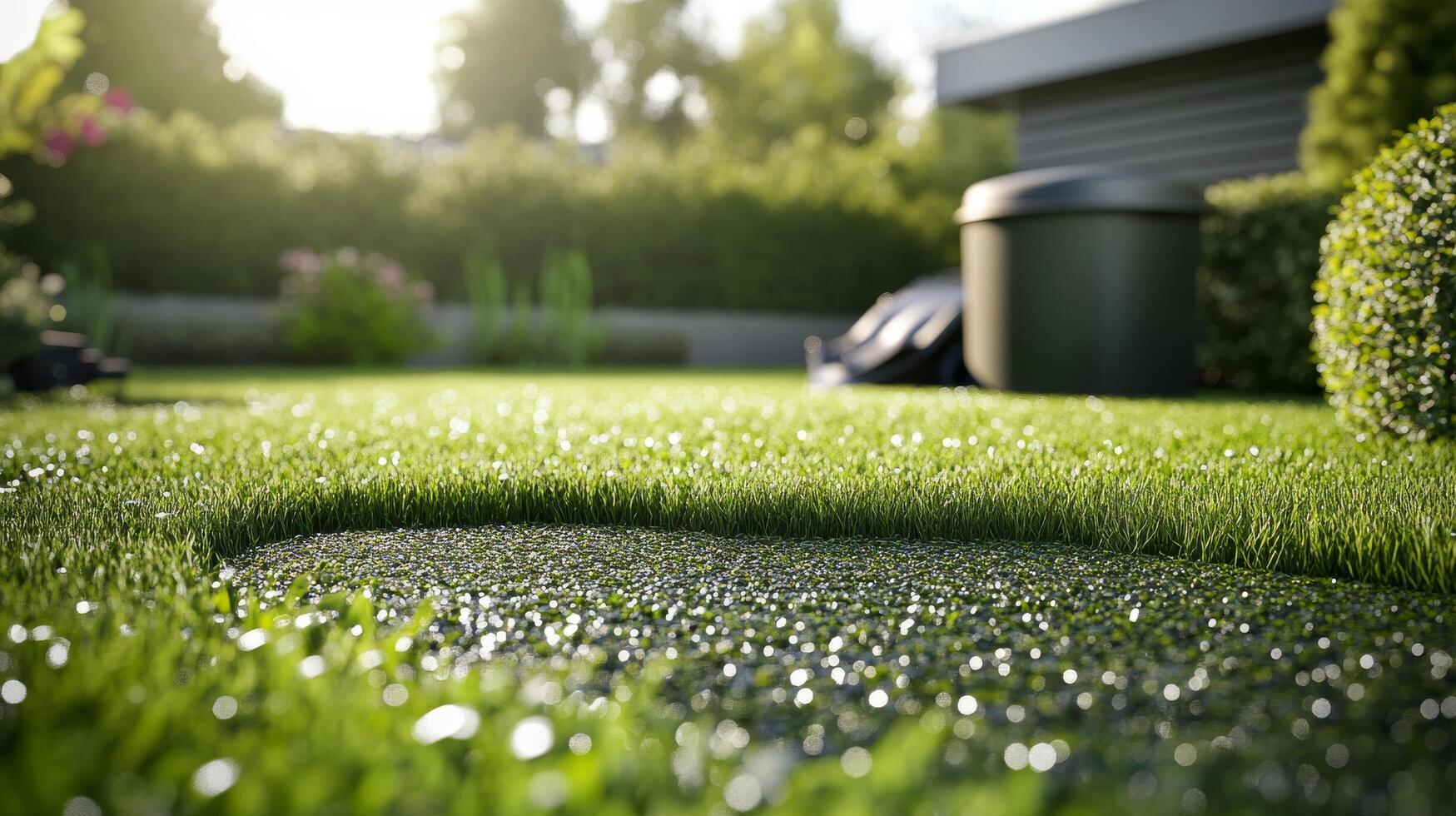 Lush green garden with sparkling water feature during sunny afternoon photo