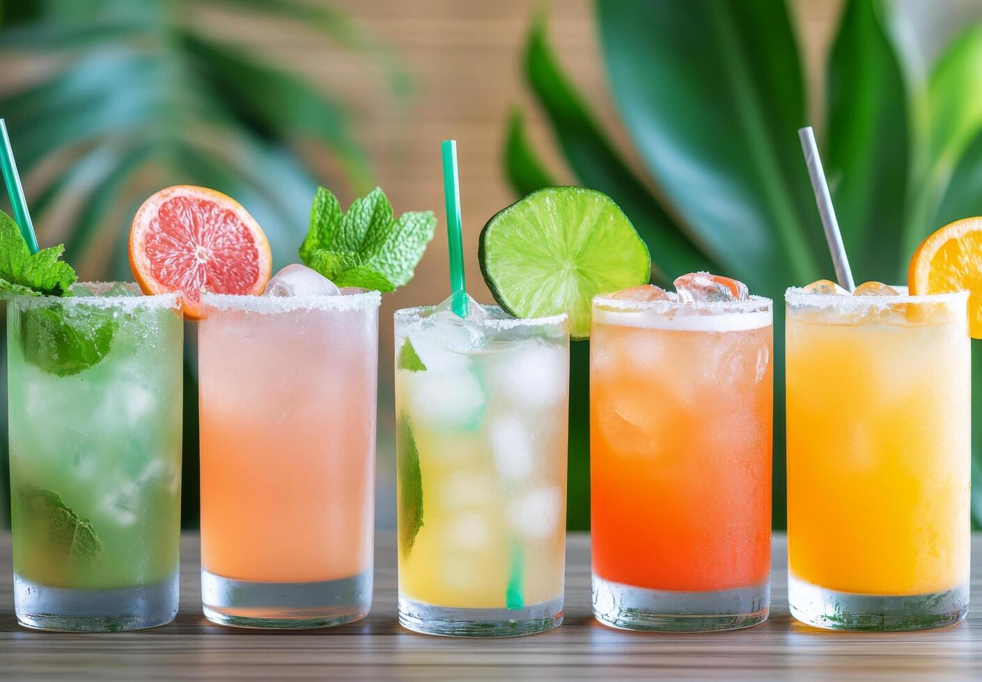 A selection of colorful refreshing cocktails served on a wooden table with lush greenery photo