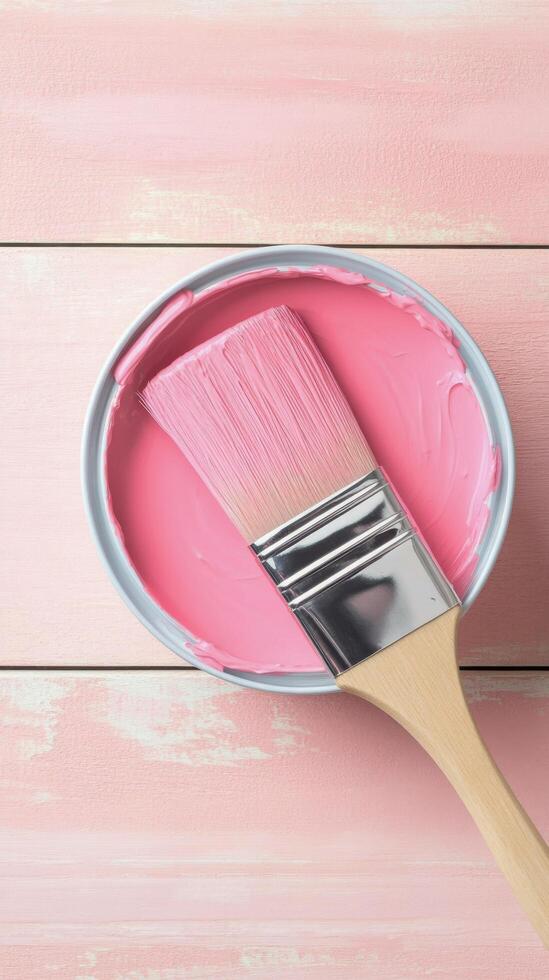 A can of pink paint with a brush resting on a wooden surface in a creative workspace setting photo