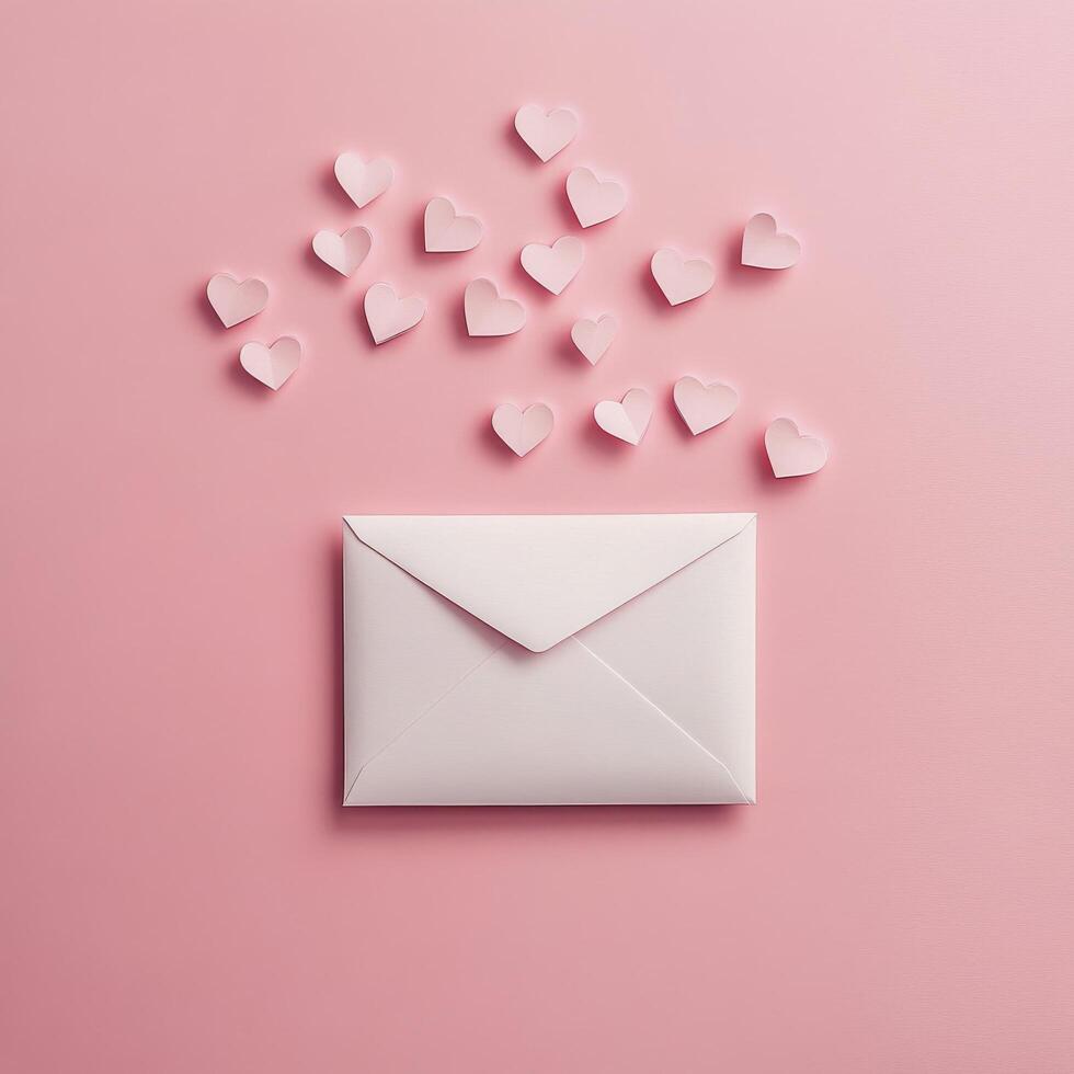 Hearts flying out of an envelope on a pink background in a creative celebration of love photo