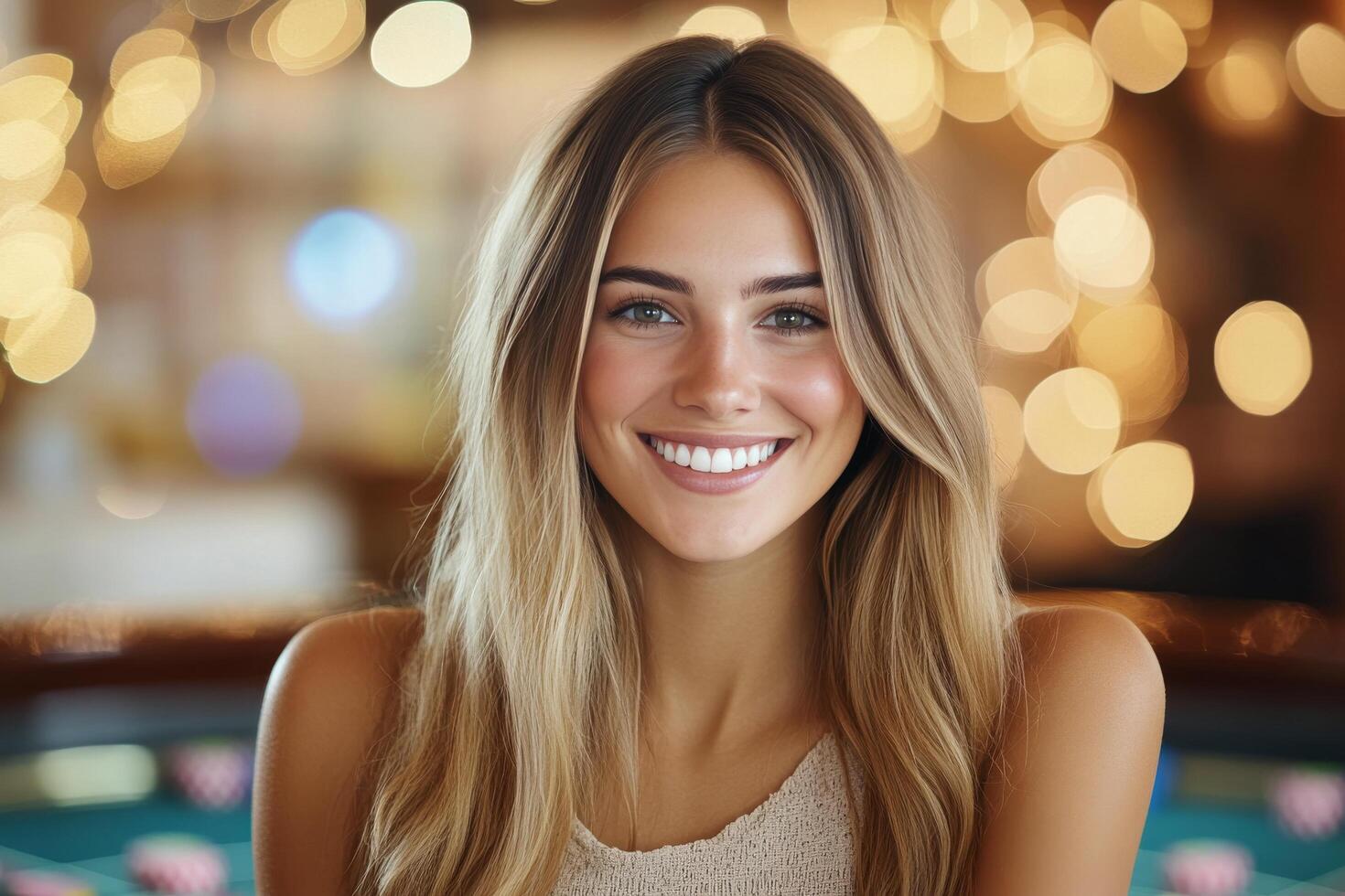 Young woman with long hair smiles warmly in a vibrant indoor setting with soft lights photo