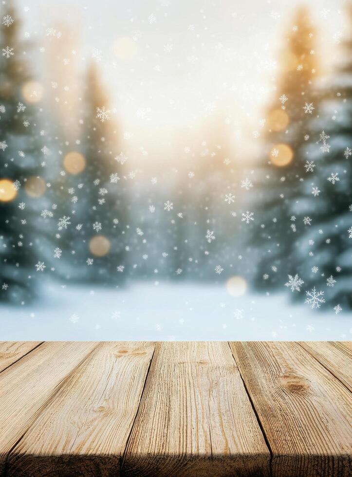 Snowfall creates a serene atmosphere with glowing lights and wooden table backdrop in winter photo