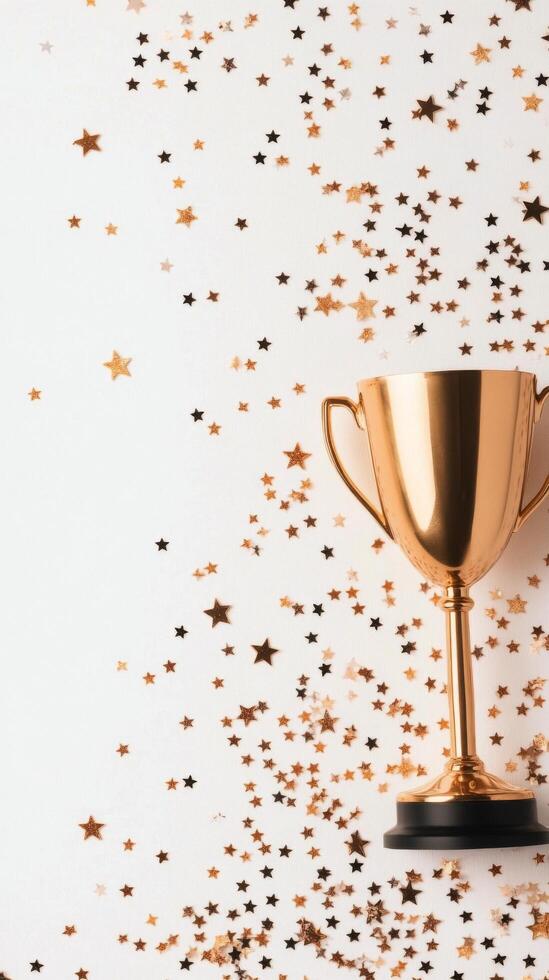 celebración trofeo con dorado estrellas y festivo decoraciones en un ligero antecedentes foto