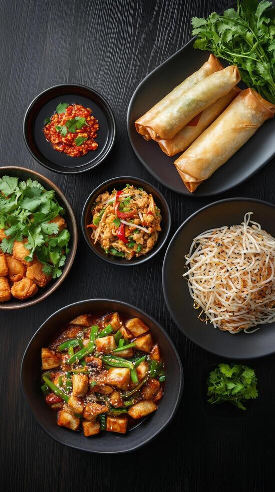 Delicious assortment of Asian cuisine served on black plates at a vibrant restaurant table photo