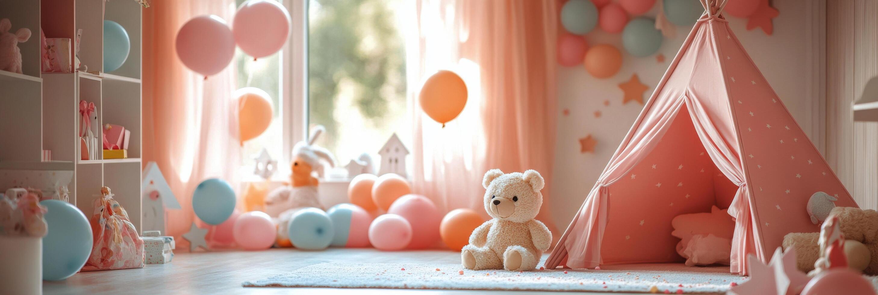 Cozy play area with pastel colors, balloons, and a teddy bear in a childrens room photo
