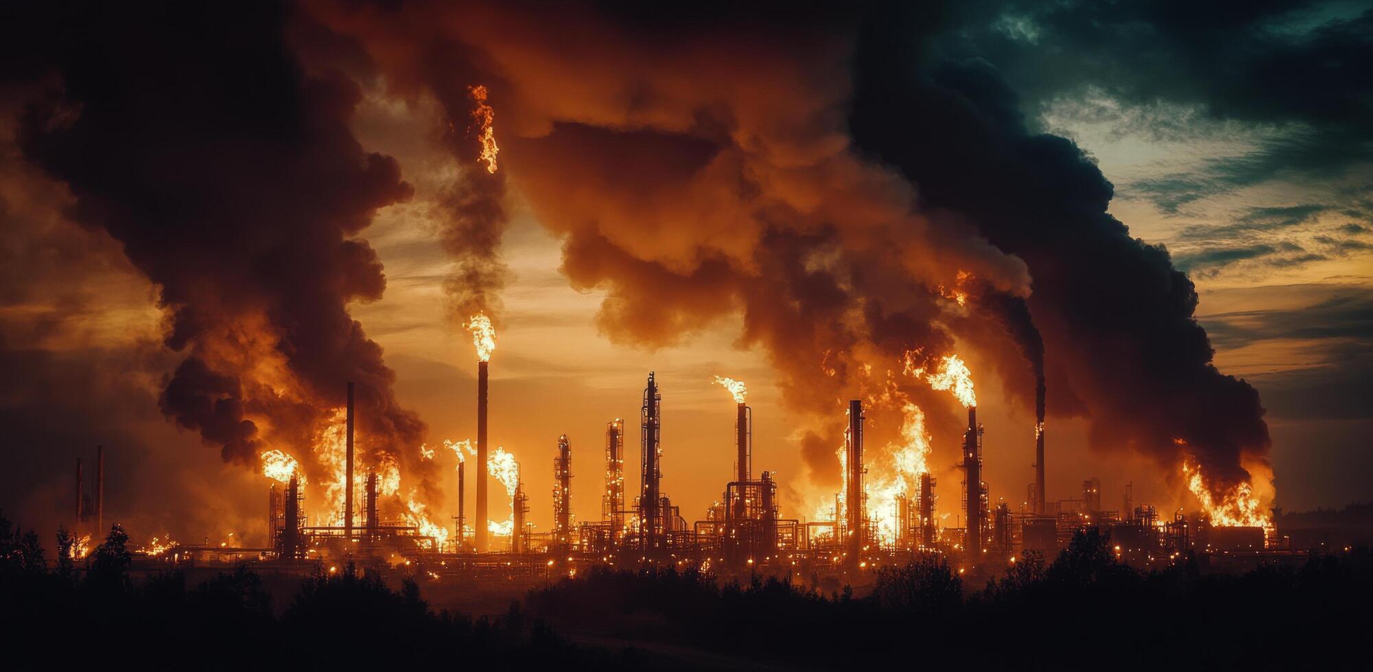 Industrial fire illuminates dark sky at oil refinery during night in a dramatic display photo