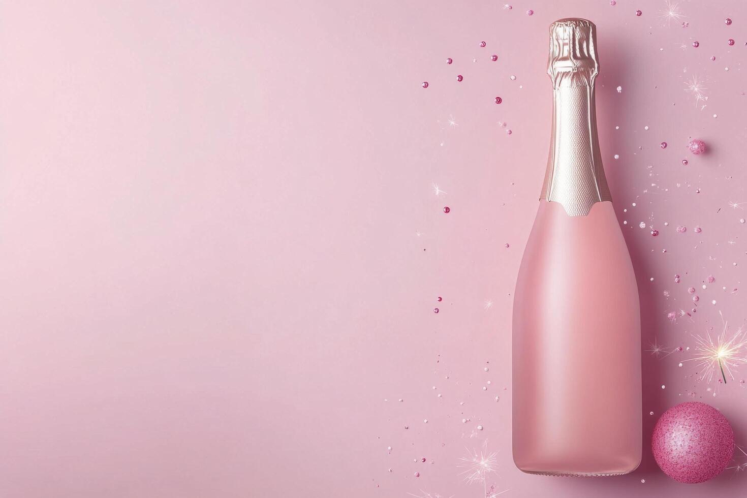 Sparkling champagne bottle with glass and festive decorations on a soft pink background photo