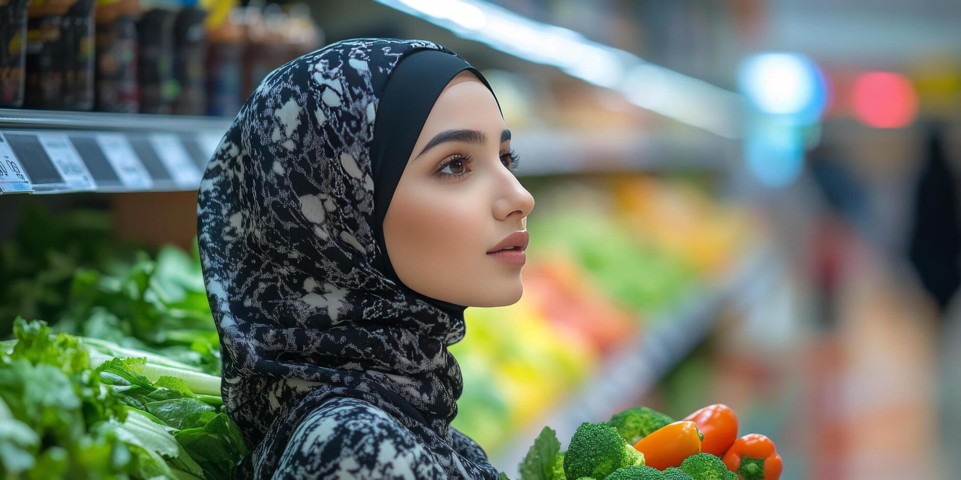 Woman in hijab selecting fresh vegetables at a vibrant market during daytime photo