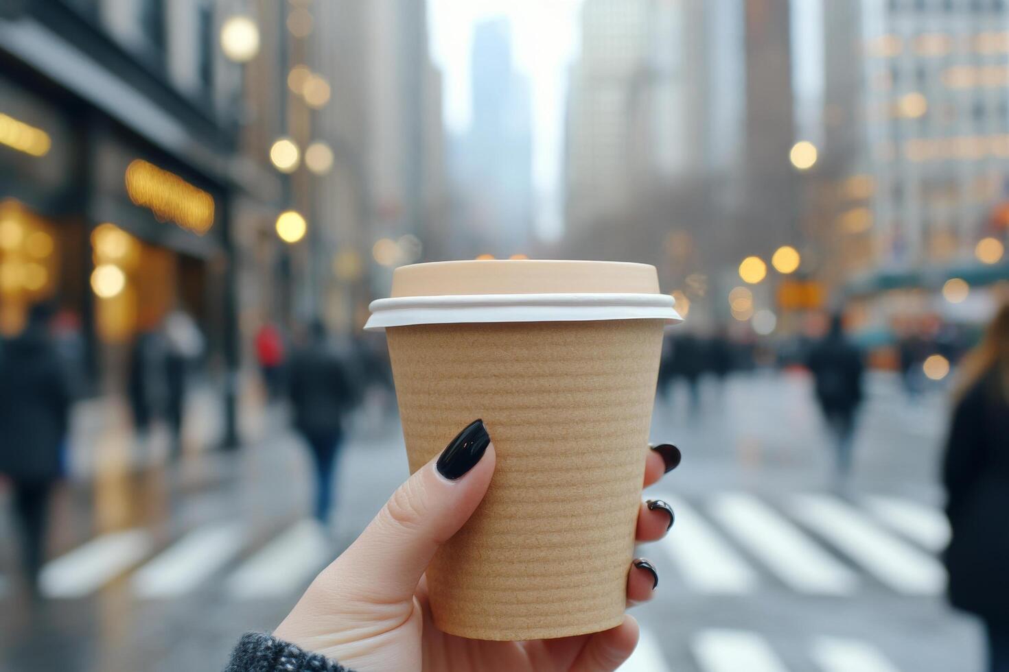 Enjoying a warm cup of coffee on a bustling city street during a sunny day photo